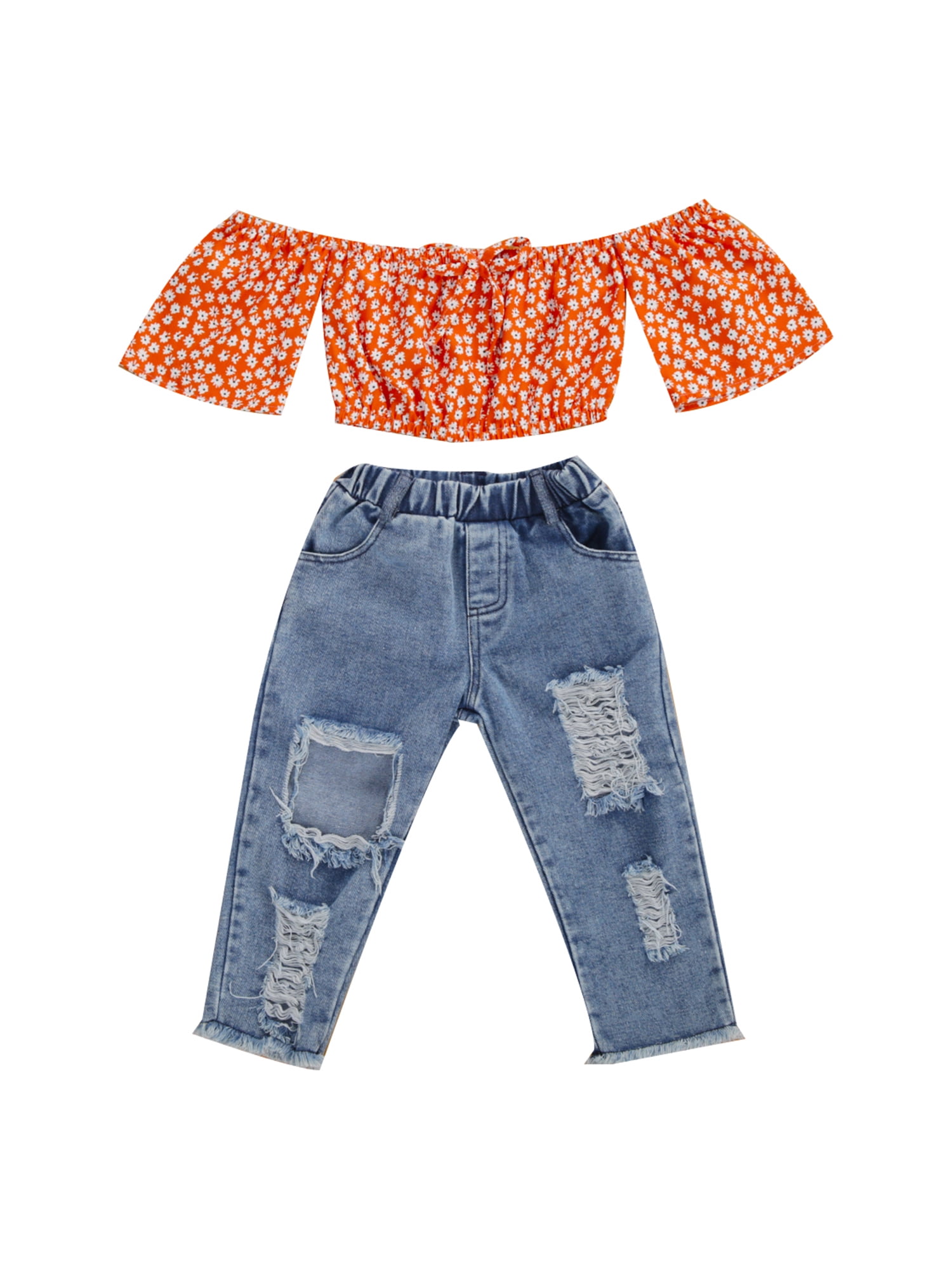 Baby Toddler Girl Off Shoulder Ruffle Tops & Ripped Jeans Hollow Denim Pants Outfits Clothes Set 