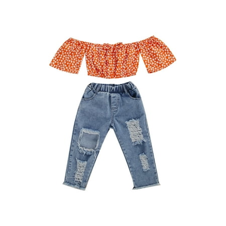 

One opening Baby Summer Outfit Orange Off-Shoulder Short-Sleeves Top + Ripped Jeans Suits Girl