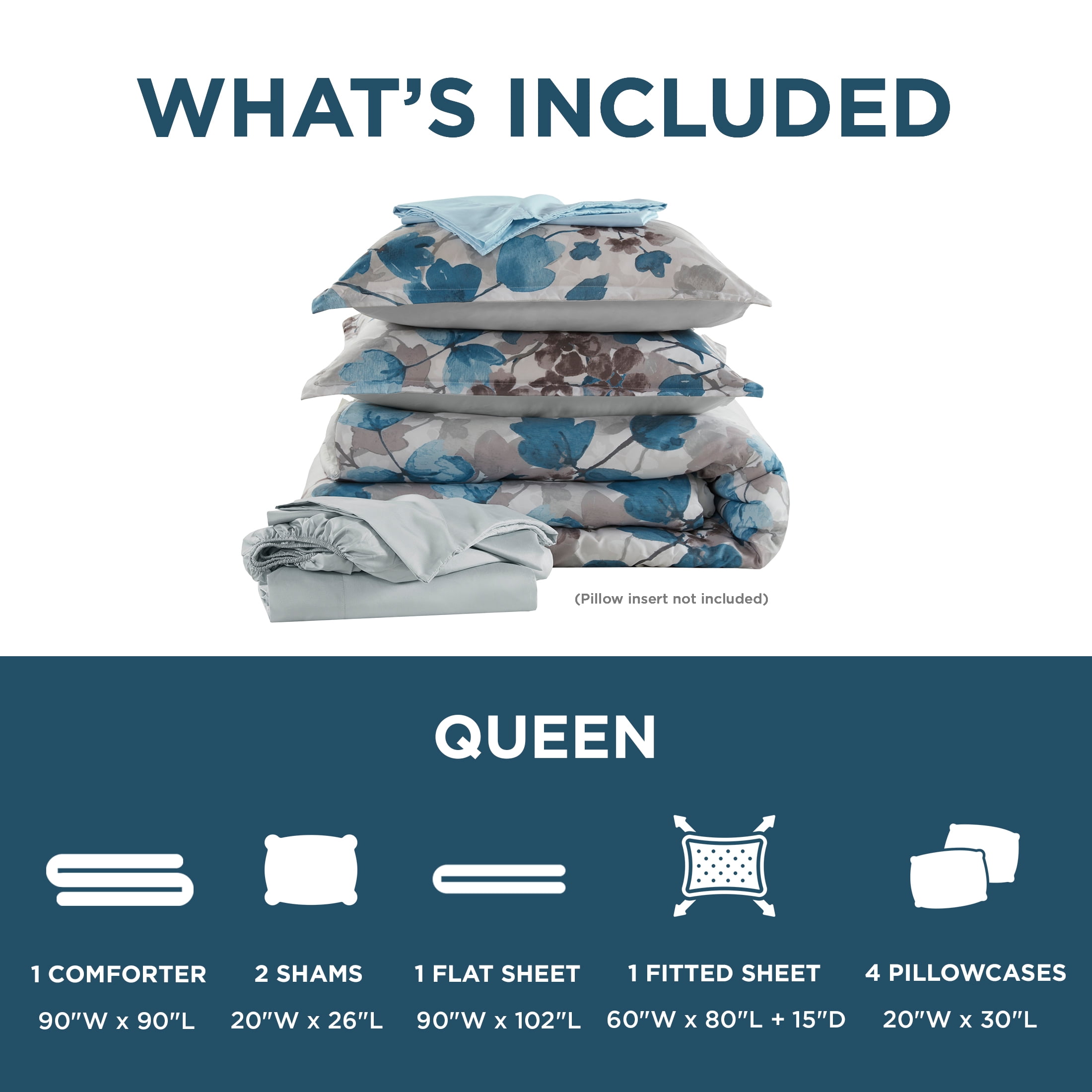 Regency Heights Queen Size Comforter Sets, Blue Bed in a Bag Queen, Botanical Bedding Comforter Set with Bed Sheets and Side Pockets, 9 Pieces