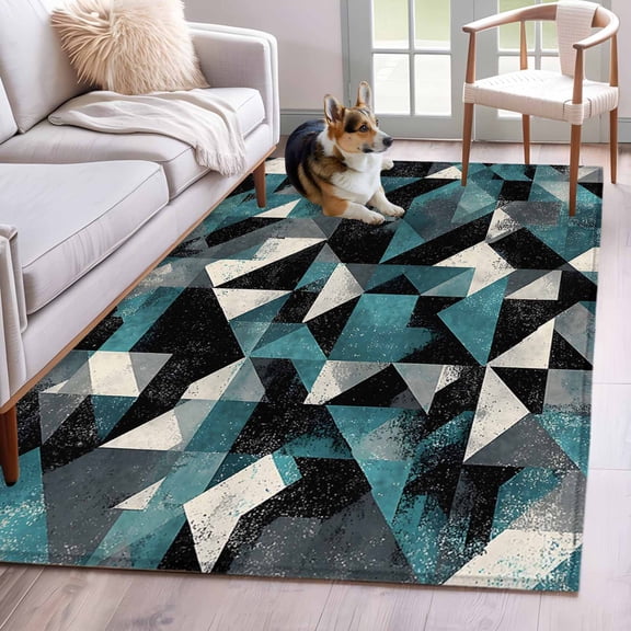 Teal Grey Abstract Art Area Rug 3x5 Washable Rug Non Slip Modern Art Geometric Large Area Rug Indoor Floor Carpet for Entryway Bedroom Kitchen Living Room Home Office Dining Room Nursery