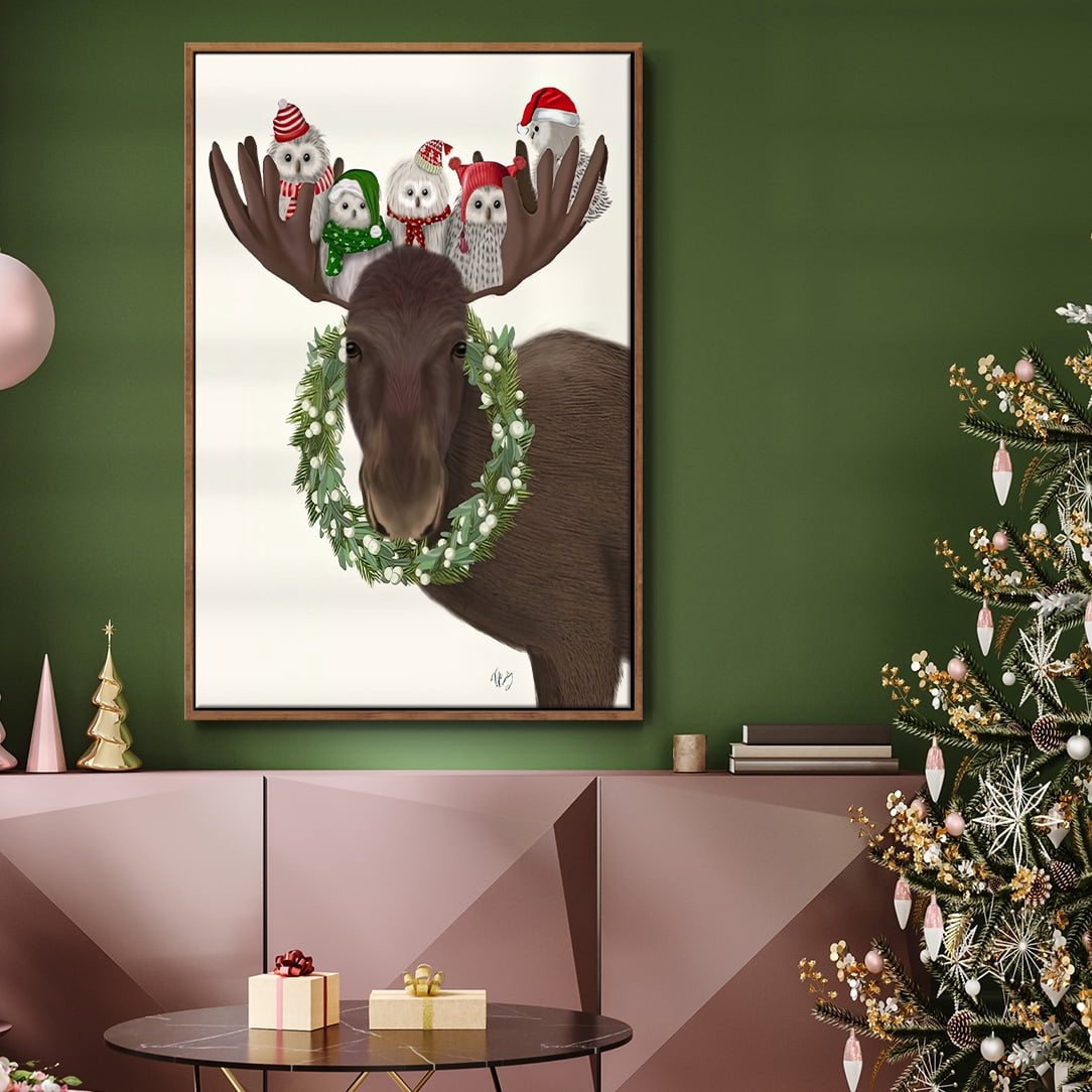 Christmas Moose and Christmas Owls - Framed Gallery Wrapped Holiday Canvas - 27 x 41 - Rosewood Frame