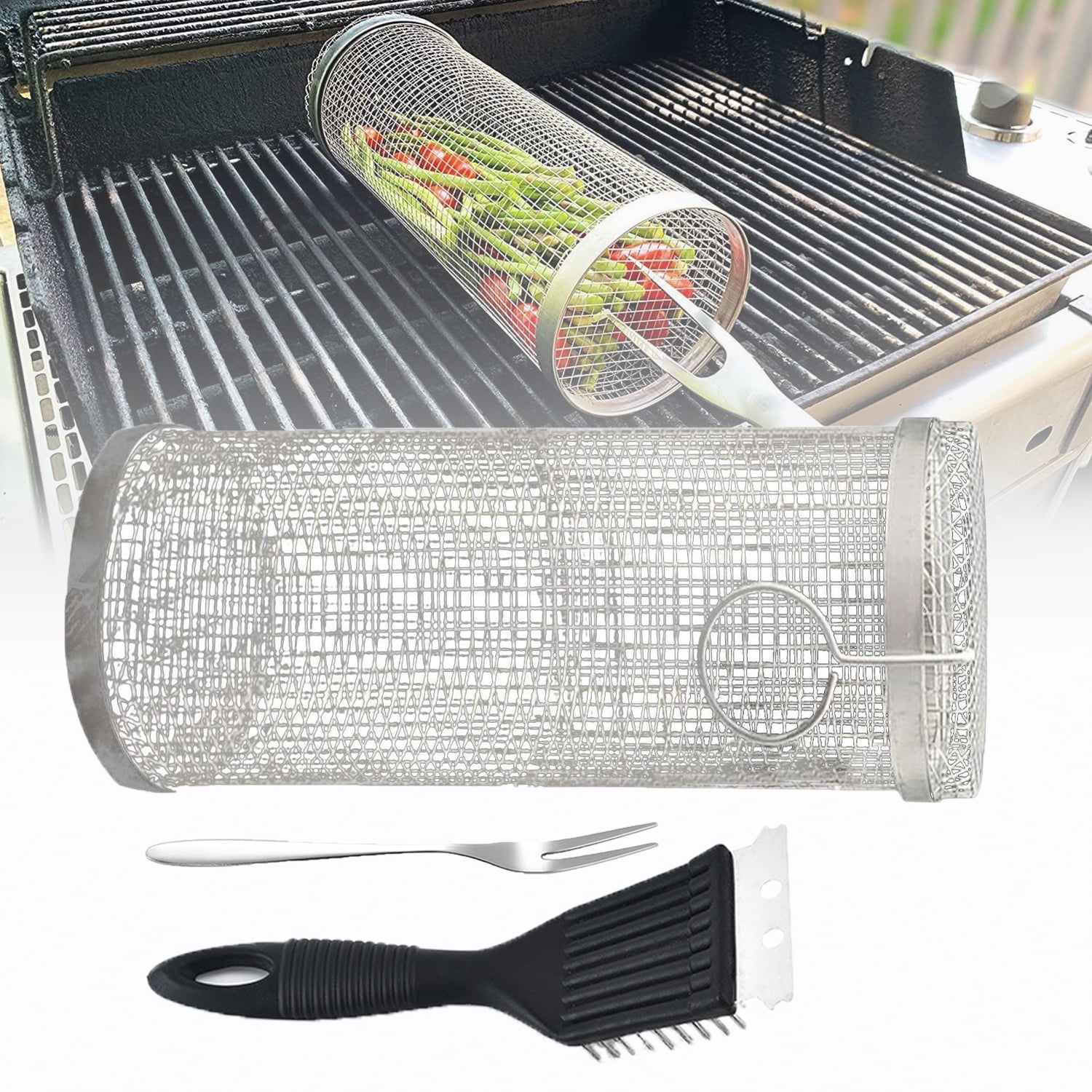 Rolling Grill Basket BBQ Accessories, Barbecue Stainless Steel Mesh