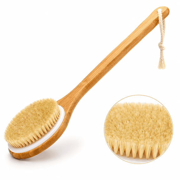 Artrylin Shower Brush with Natural Bristle - Long Bamboo Handle Bath Body Brush for Wet or Dry Brushing - Improves Blood Circulation, Exfoliating Skin，Back Scrubber(Brown)