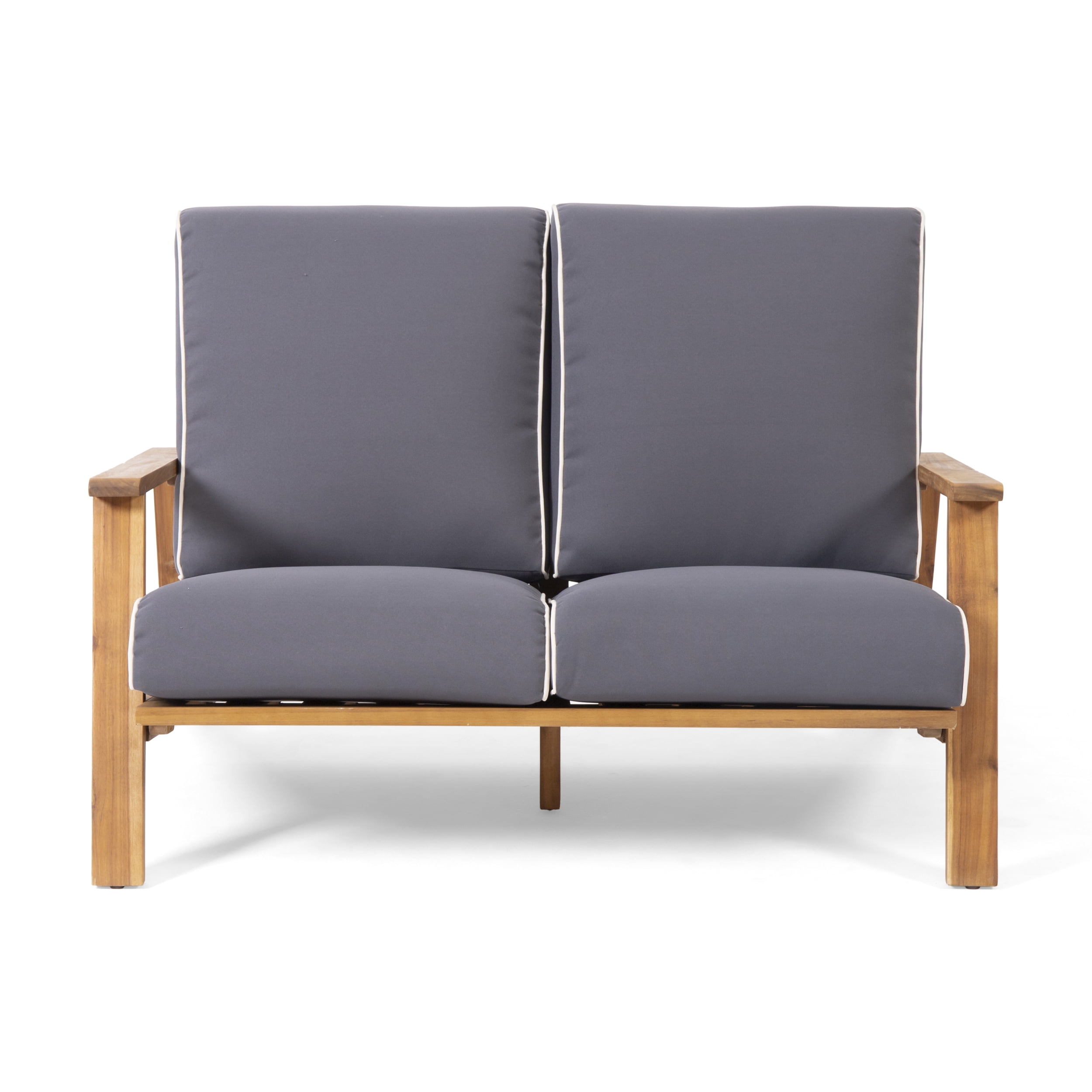 Reyna Outdoor Acacia Wood Loveseat Set with Coffee Table, Teak, Dark Gray