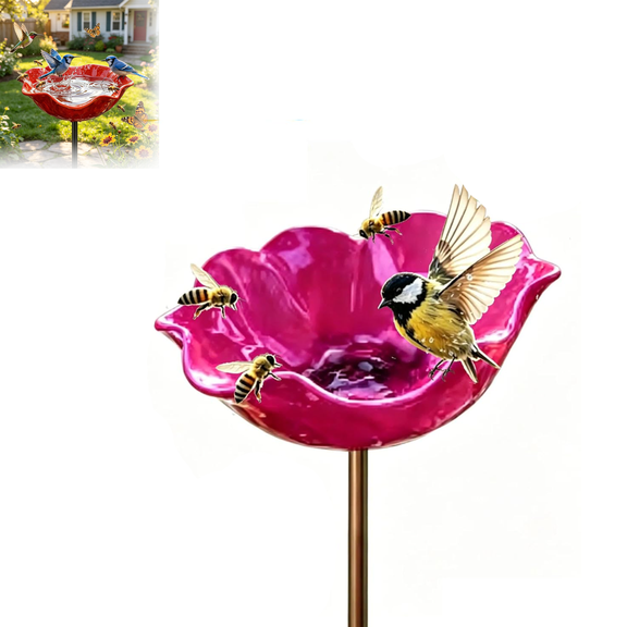 Handmade Metal Flower Garden Stake with Bird Bath & Bee Watering Station, Weather-Resistant Pollinator Feeder for Butterflies, Hummingbirds & Birds, Unique Outdoor Yard Art Décor Gift(1 PCS)