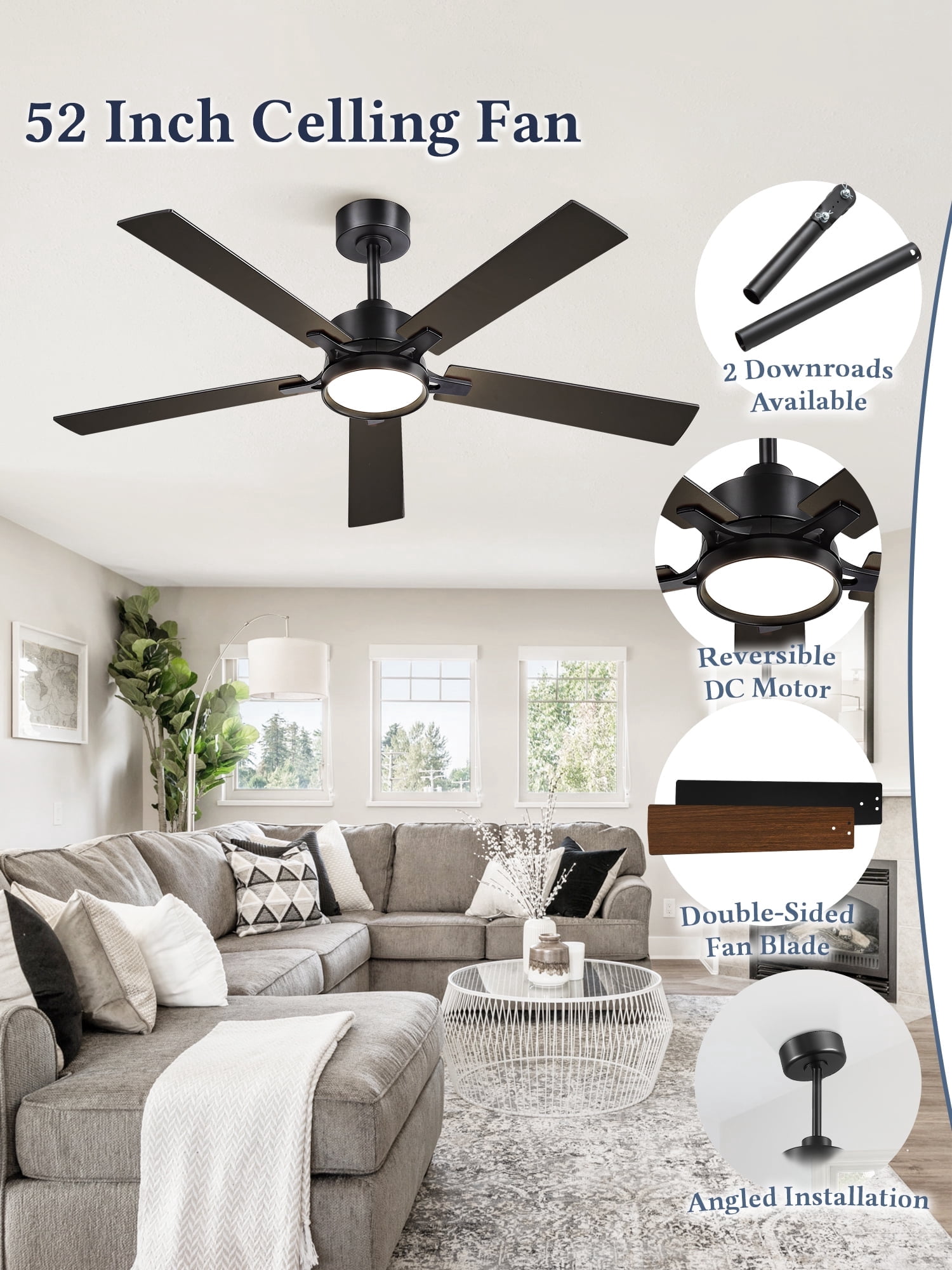 Lokivas 52in Modern Ceiling Fans with Light and Remote, 6 Speed Reversible DC Motor, Downrod Design for Bedroom, Living Room, Black
