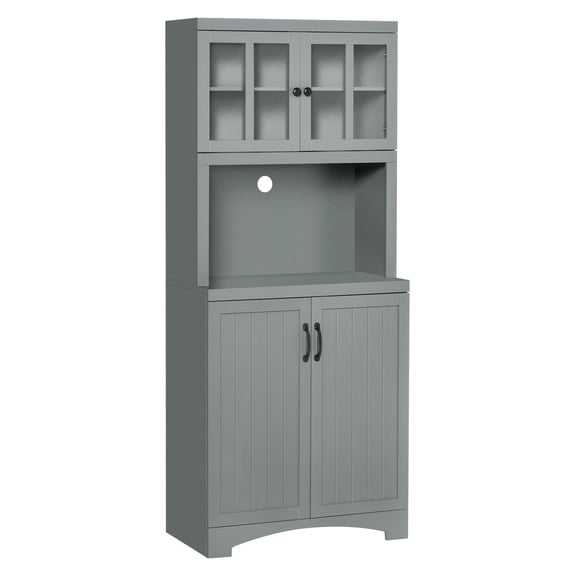 Kitchen Pantry Cabinet, Tall Storage with Glass Door & Microwave Shelf - Gray