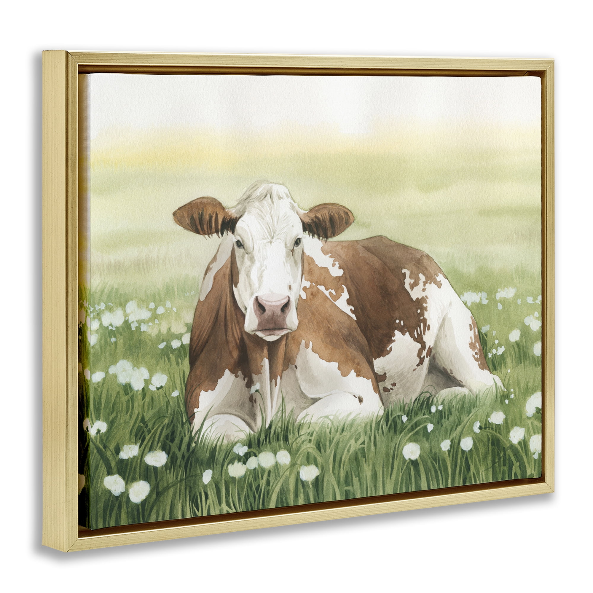 Stupell Industries Cow & Meadow Blossoms Animals & Insects Painting Gold Floater Framed Canvas Art Print Wall Art, 21 x 17