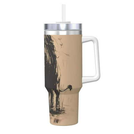 

Fuzoiu Child And Lion Sketch Print 40OZ Ice Bully Stainless Steel Insulated Cup with Handle and Straw - Perfect for Travel and Sports