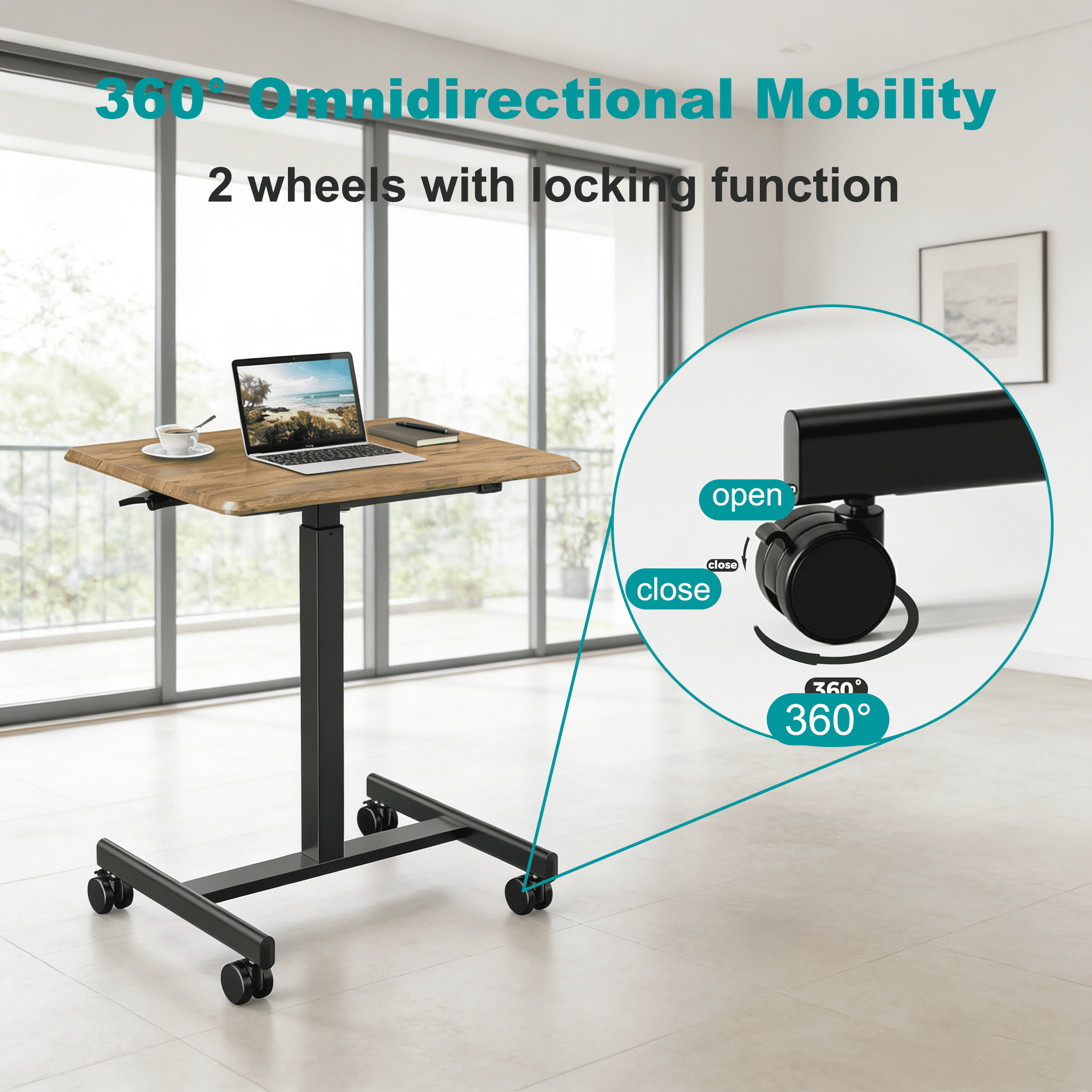 Aidoly Mobile Standing Desk with Locking Wheels - Height Adjustable Rolling Desk, Workstation for Home Office, Living Room & Classroom，Brown