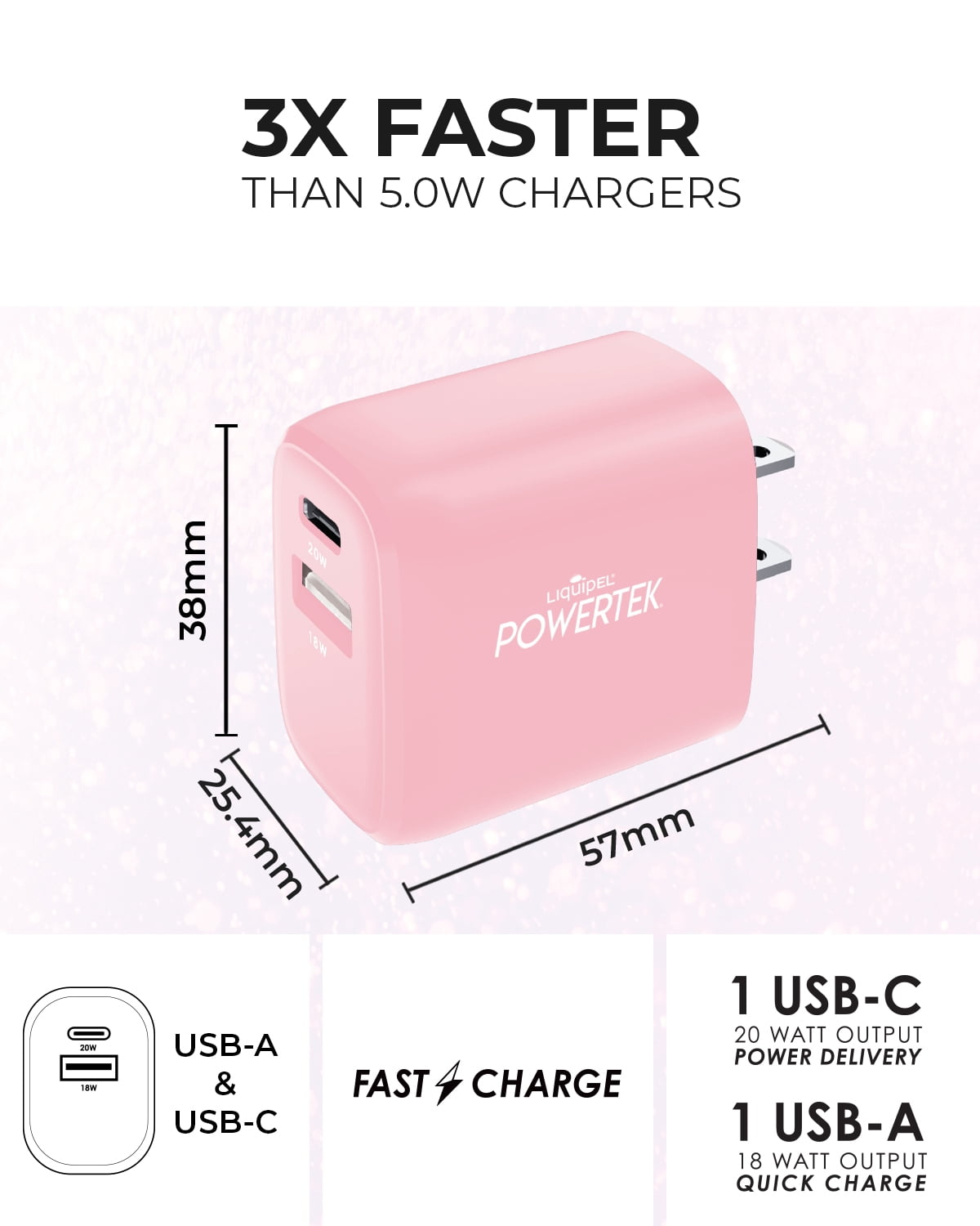 Liquipel Powertek Pastel Type-C Fast Charging Wall Charger 20W PD USB-C with Foldable Plug, for iPhone, iPad, iWatch, Galaxy, Tablet