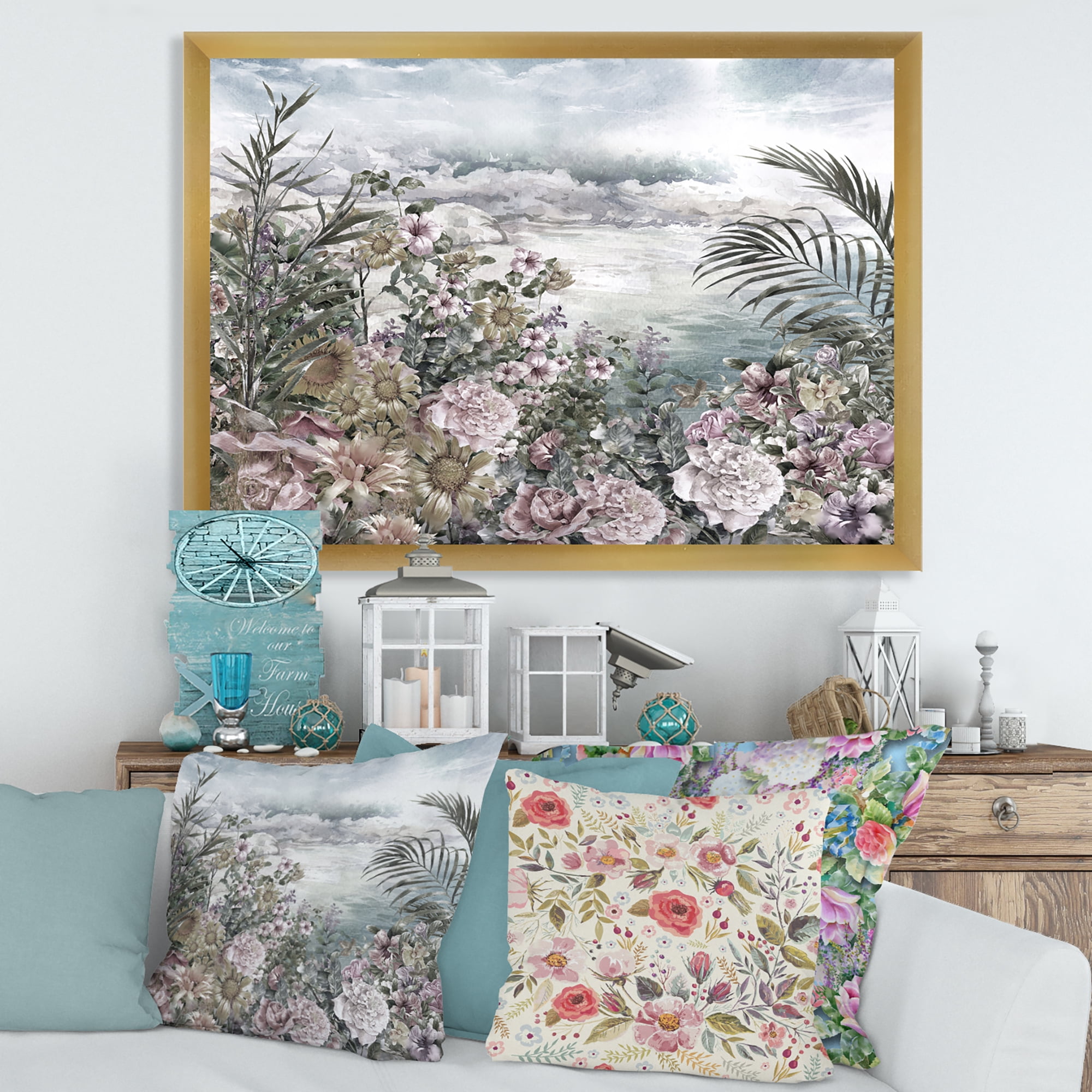 Designart 'Abstract Retro Flowers By The Sea Side' Vintage Framed Art Print