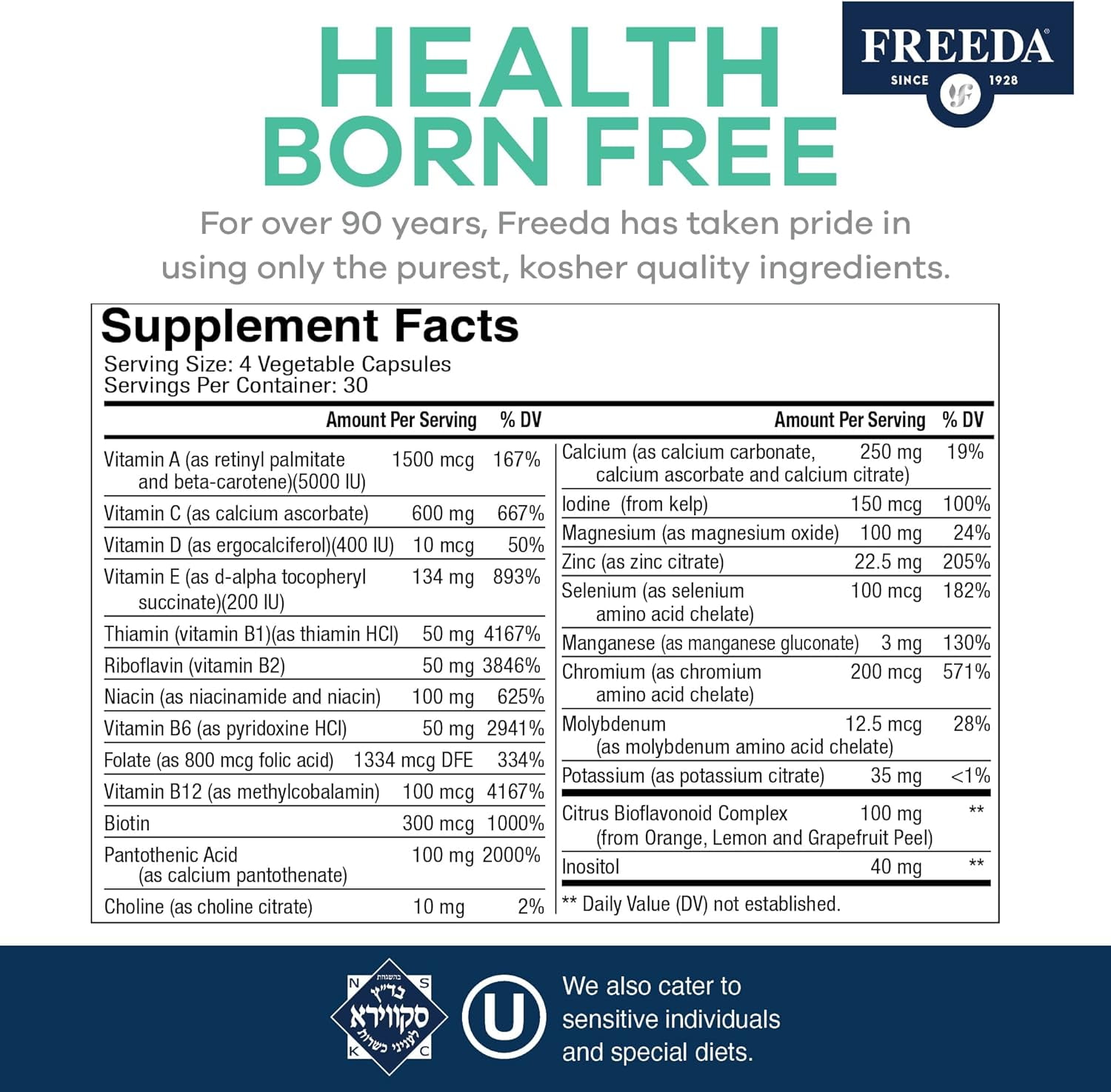 Freeda Iron Free Ultra Freeda High Potency Multivitamin for Women and Men, 120 Capsules