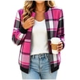thumbnail image 6 of Women's Plaid Bomber Jacket Zip Up Wool Blend Long Sleeve Warm Fall Winter Coats with Pockets, Ribbed Details (S, Hot Pink), 6 of 7