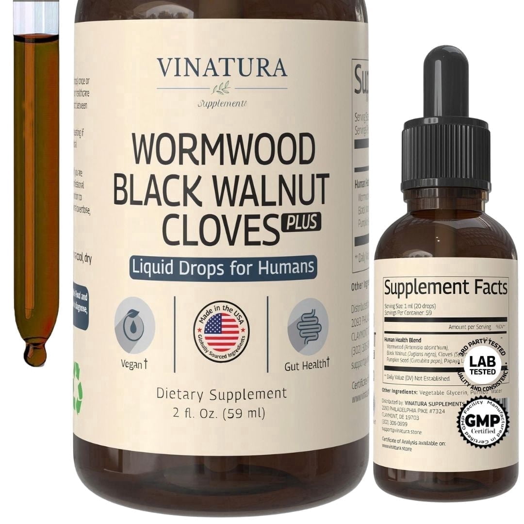 Vinatura Wormwood Black Walnut Cloves Liquid - Cleanse, Detox with Papaya Leaf and Pumpkin Seed, Intestinal Guard Formula Supplement - 2 fl oz