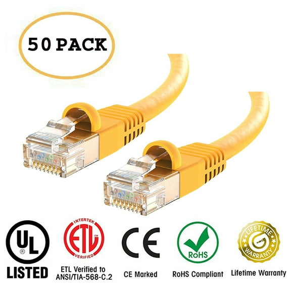 Huetron™ 50-Pack Cat 6 Ethernet Cable Cat6 Snagless Patch 1 Feet - Computer LAN Network Cord, YELLOW