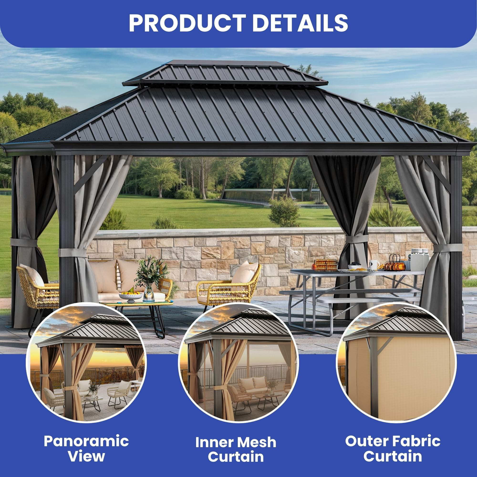 Dextrus 12' x 16' Large Outdoor Hardtop Gazebo with Netting & Curtains, Heavy Duty Double Roof Galvanized Steel Garden Tent for Patio, Backyard, Black&Gray