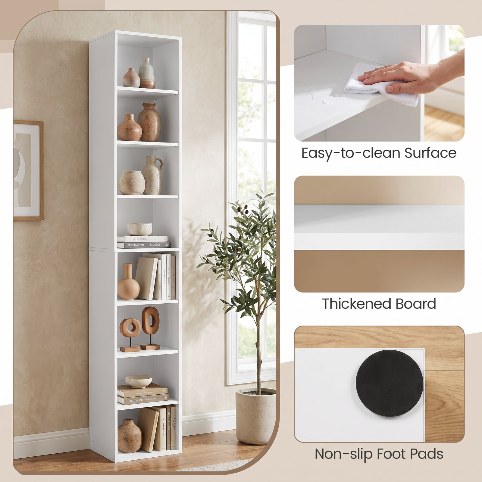Furnibear 8-Tier Narrow Bookshelf with 4 Adjustable Shelves and Storage Cubes for Living Room Home Office Bedroom Display Storage Shelf, White
