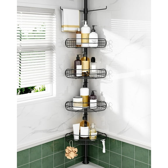 Corner Shower Caddy Tension Pole, 4-Tier Adjustable Shelves, Rustproof Bathroom Shower Organizer Corner for Inside Shower Storage, Tension Mounted, 39 to 115 Inch Height, Black