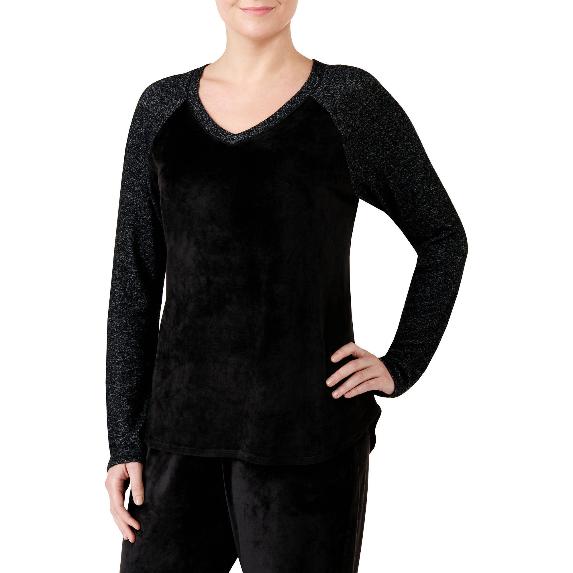 Women's and Women's Plus Long Sleeve Velour V neck Sleep Shirt