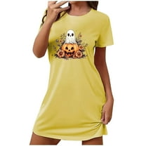 Sakmal Loose Moomoo Dresses for Women Halloween Yellow Breathable Lightweight Sleepshirt Short Sleeve Pumpkin Print Short Crew Neck Nightgowns S-2XL