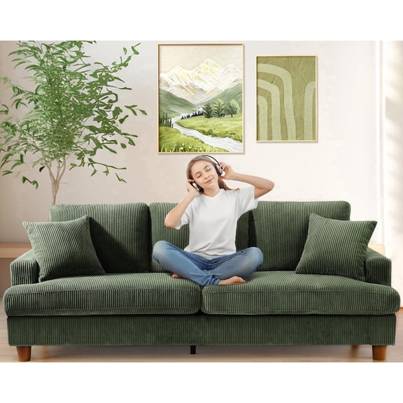 Welzona 87" Corduroy Sofa, Modern 3-Seater Couch with 2 Throw Pillows, Tool-Free Assembly, Green