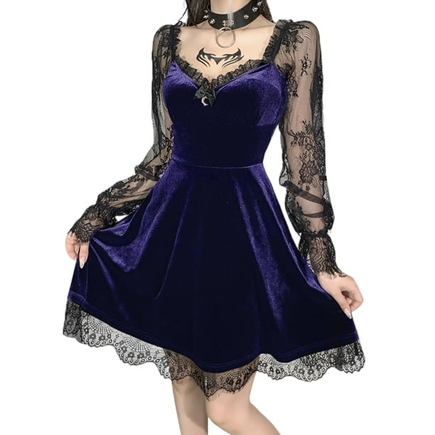 Mujer Mujer Vestidos góticos Lolita Vestido negro con cordones en capas grunge Vintage Vestidos punk góticos XBTCLXEBCO Púrpura, Grande