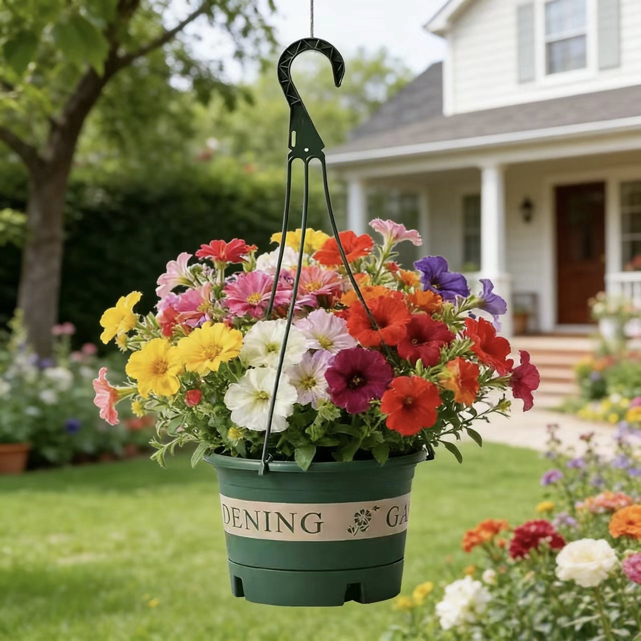 4-Pack Plastic Hanging Planters with Drain Trays & Hanging Hooks, Indoor Outdoor Hanging Flower Pots for Garden, Balcony, and Patio Decoration