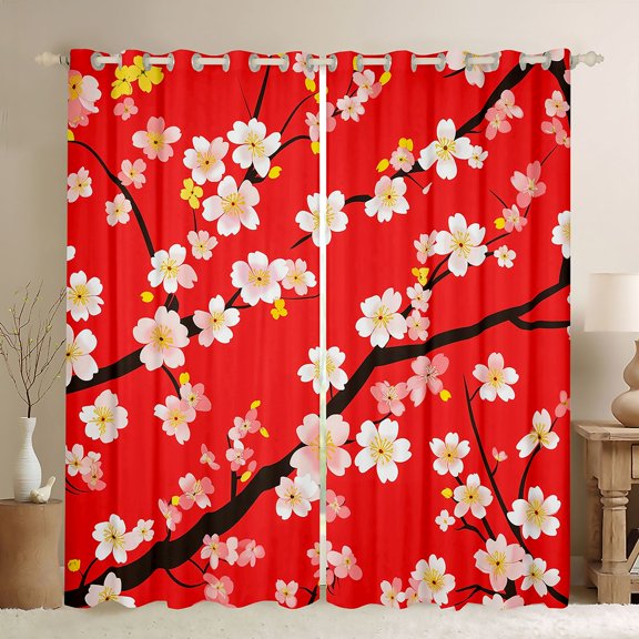 Castle Fairy Sakura Black Out Curtains,Black Red Sakura Curtains Pack of 2 (42x63 Each)