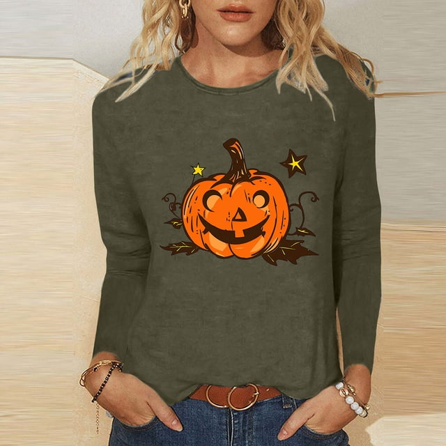 Simua Mode Femmes T-Shirts à Manches Longues Col Rond Imprimé Citrouille Mignon Chandail Décontracté Ample
