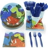 Serves 48 Dinosaur Birthday Dino Party Supplies, 288PCS Plates Napkins Cups Knives Spoons Forks, Disposable Paper Tableware Dinnerware Bulk Set