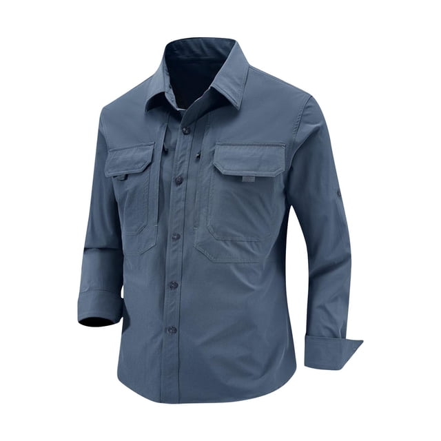 blusa y camisa de manga larga con cuello vuelto para hombre, estilo casual, color liso, con bolsillos y botones, estilo cargo Azul: vista frontal 3/4 centrada de camisa azul con cuello vuelto y cierre de botones; silueta recta tipo cargo con dos bolsillos de parche con solapa en el pecho, costuras visibles y puños abotonados; tejido liso de caída estándar sobre fondo blanco, adecuada para uso diario y actividades al aire libre; también suele usarse como capa ligera para viajes.