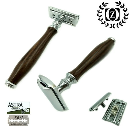VINTAGE LONG WOOD HANDLE DOUBLE EDGE SAFETY RAZOR FOR MEN + 5 ASTRA