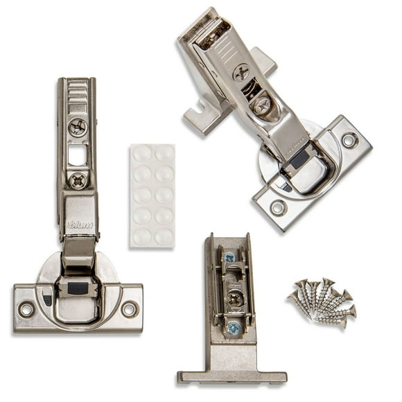 Blum Inset Clip Top BLUMOTION Soft Close Inset Hinges 71B3650 (Screw-on, 110 Degree, Face Frame) with Mounting Plates, ProCabinetBumpers and Screws (8)
