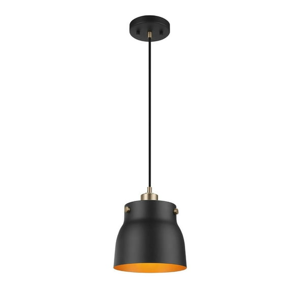 Globe Electric Novogratz x Globe Axel 1-Light Pendant Light, Matte Black, Matte Brass Accents, Matte Brass Interior, Designer Black Cloth Hanging Cord, 60607