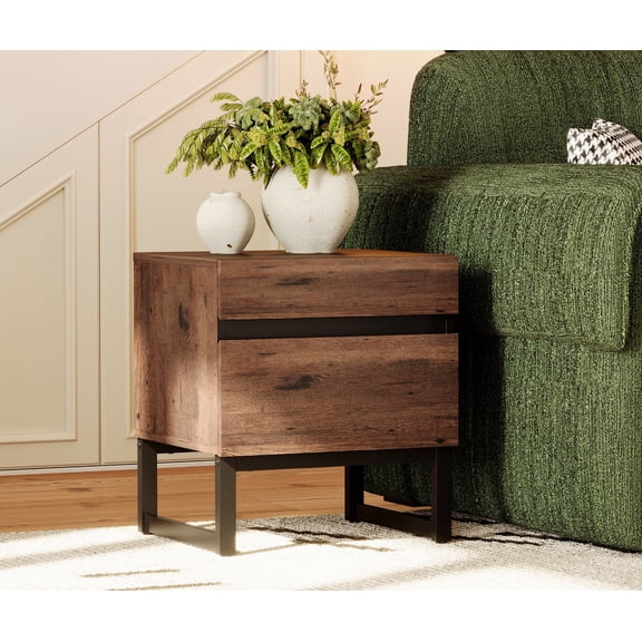 WAMPAT Modern End Table With 2 Drawers - Compact Sofa Side Table & Nightstand For Living Room & Bedroom,Brown