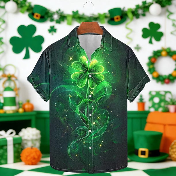 Ceisia Men's St. Patrick's Day Glowing Four-Leaf Clover Vine Print Short Sleeve Turndown Collar Stretch Casual Shirt Dark Gray XL Gifts