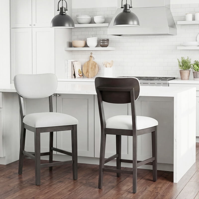 COLAMY Set of 4 Counter Height Bar Stools, Solid Wood Upholstered Barstools with Backrest, Modern Farmhouse Fabric Kitchen Island Stools，Brown