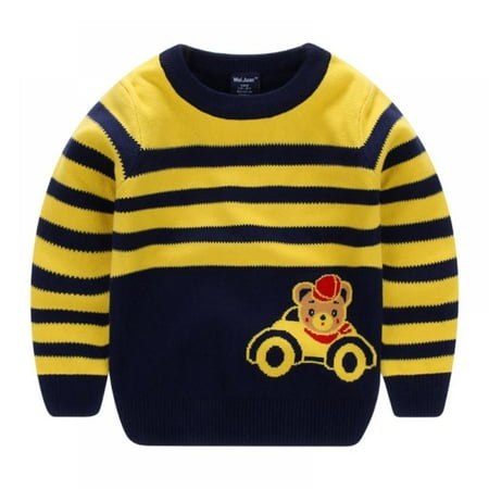 

Kids Boys Cable Knit Sweater Long Sleeve Crewneck Striped Cartoon Print Pullovers for 2-7Y