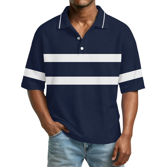 longantii Men's Polo Shirts Loose Fit Collared Short Sleeve T Shirts Comfort Striped Blouses 2026 Summer Streetwear Dark Blue L