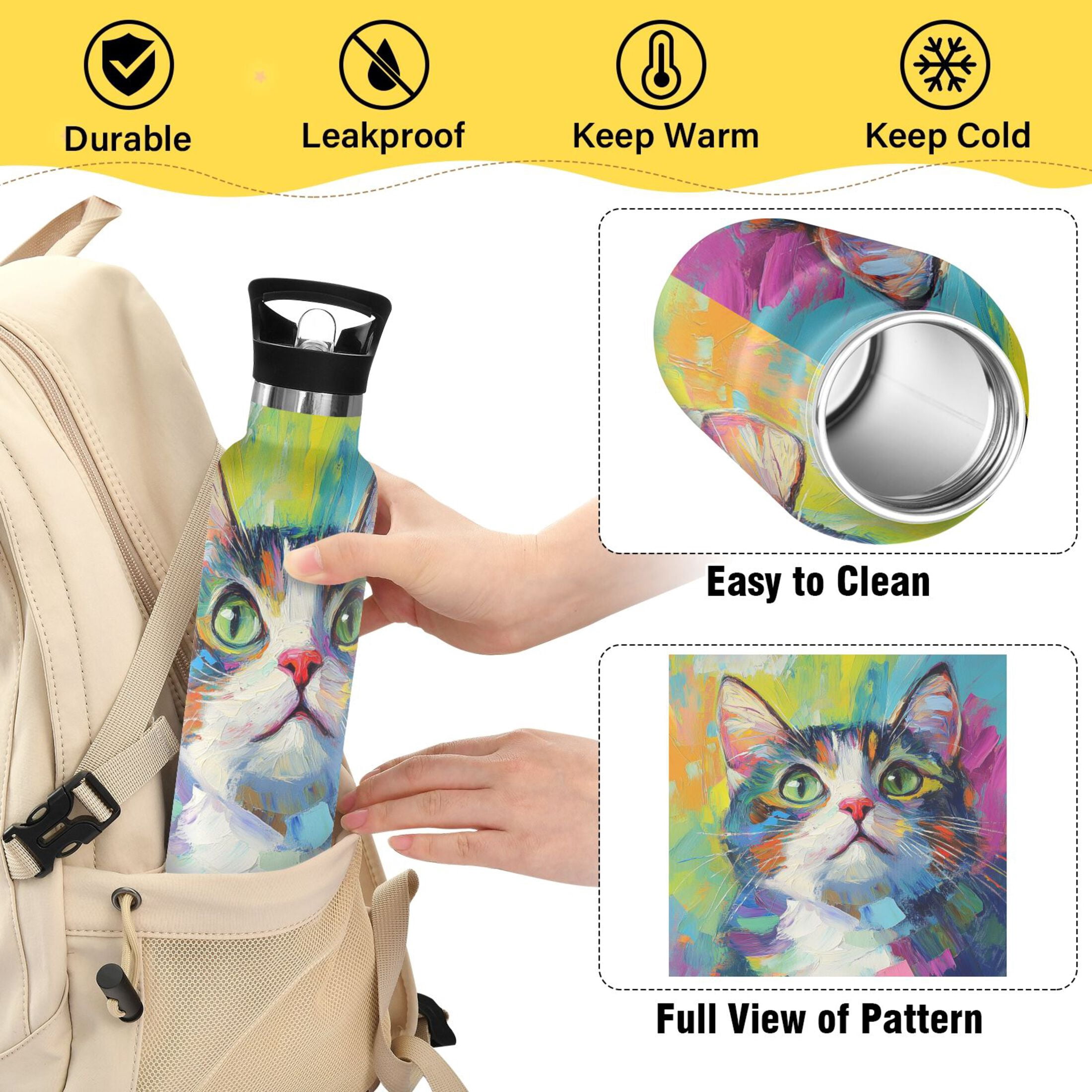 600ML Stainless Steel Insulated Cup Sports Water Bottle Portable Thermos Cup Water Glasses Insulated Tumblers Convenient and Durable Look Up Cat