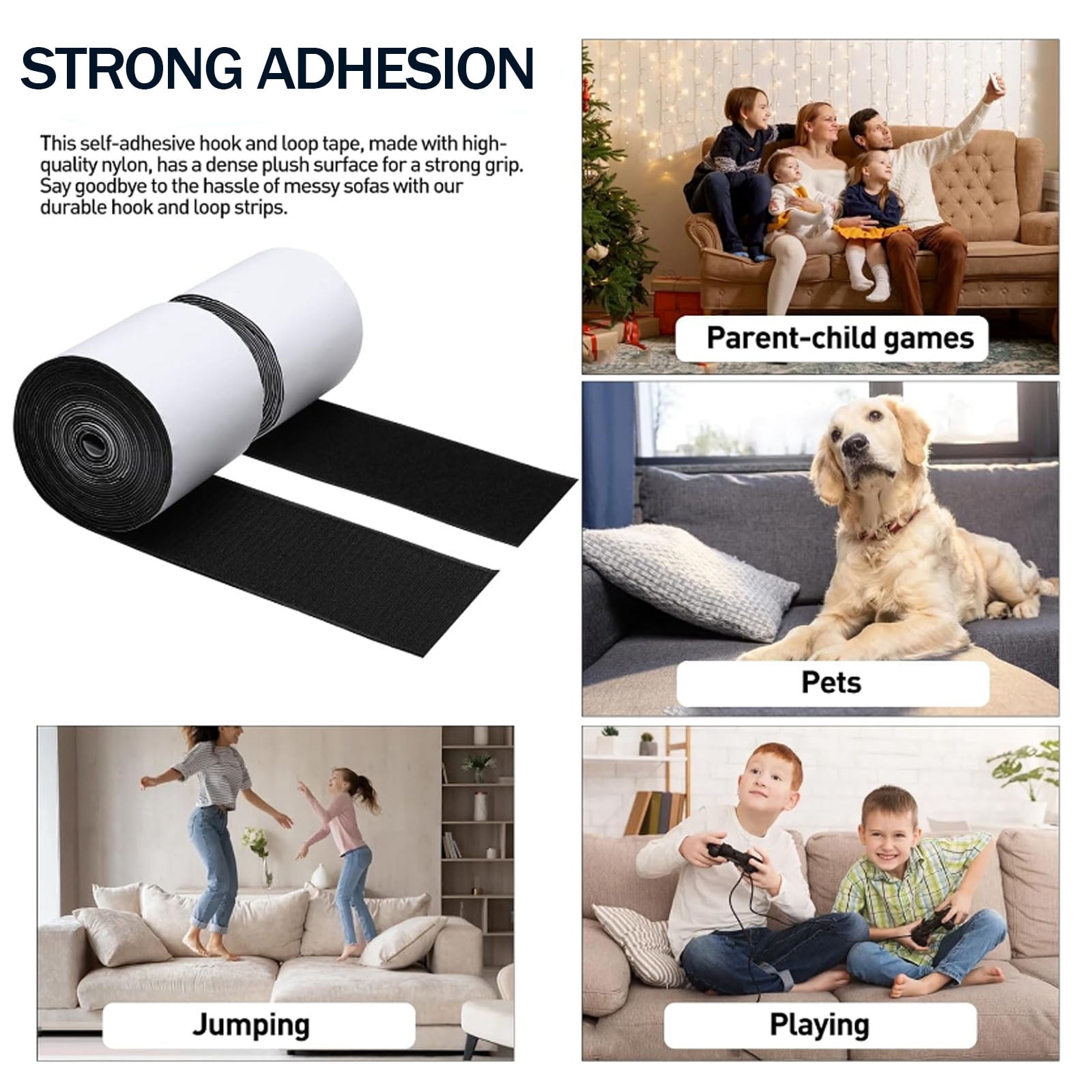 4.3"×26.5Ft Heavy Duty Velcro Hook and Loop Tape, Adhesive Rug Gripper, Outdoor Couch Cushion Grip, Anti-Slip for Carpets Mattresses Wall Hanging, Black