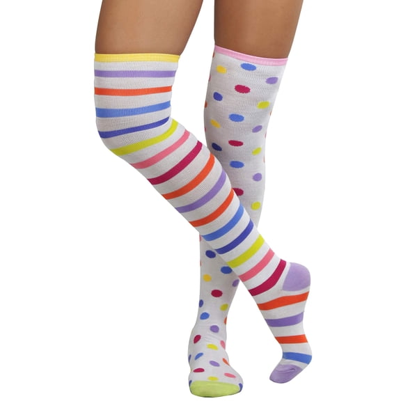 ToBeInStyle Women's Rainbow Striped and Multicolored Polkadot Acrylic Thigh High Socks