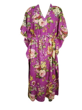 Mogul Womens Pink Floral Long Caftan V-Neckline Cotton Printed Ethnic Kimono Sleeves Cover Up Maxi Dress Kaftan One Size