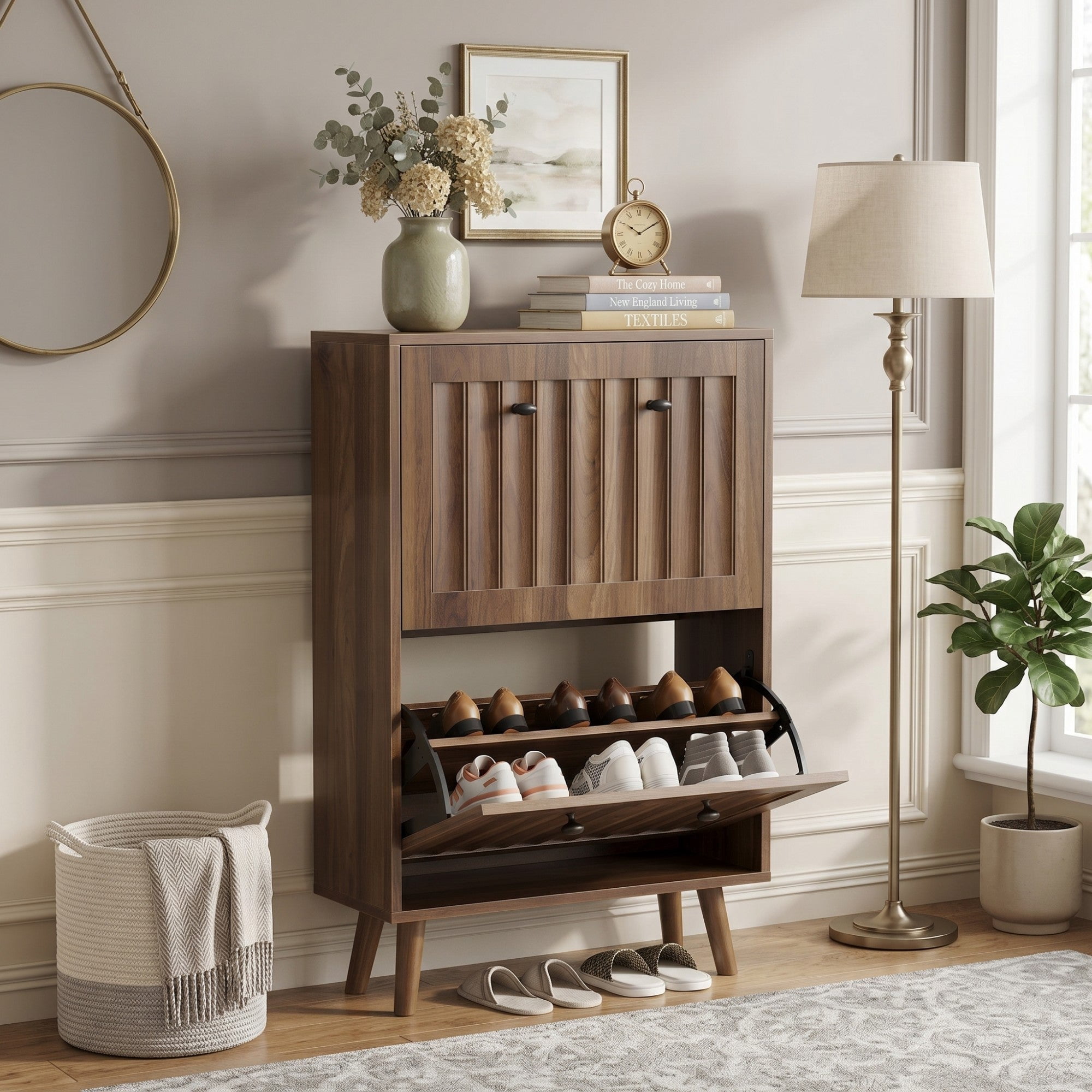 Sailvan Mid-Century Modern Shoe Cabinet, 23.6-Inch Vertical Grooved Upright Storage