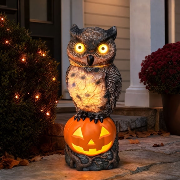 Lighted Pumpkin Owl Halloween Blow Mold, 10.23 Inch Owl on Jack O Lantern Statue with Warm LED Glow, Spooky Cute Halloween Yard Decor for Front Porch Patio Indoor Outdoor Display