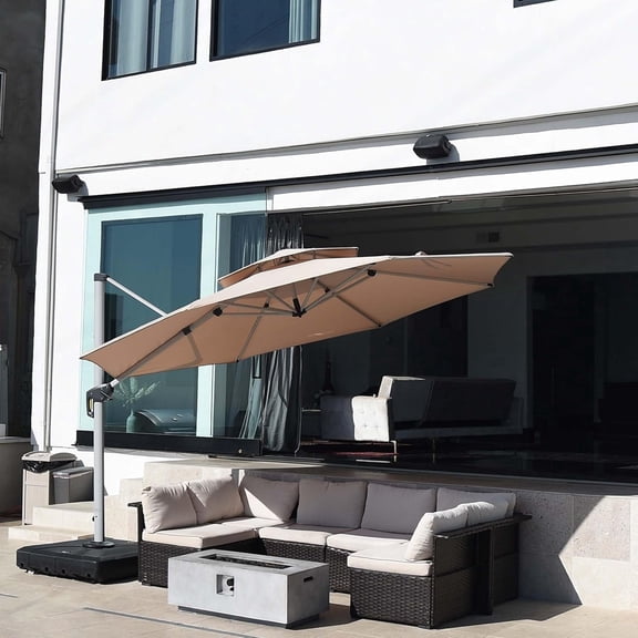 PURPLE LEAF 10FT Deluxe Round Patio Umbrella with Base, Large Offset Cantilever Umbrella with 360° Rotation, Beige