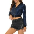 thumbnail image 4 of INSPIRE CHIC Women's  Metallic Long Sleeve Stand Collar Zipper Cropped Bomber Jacket L Dark Blue, 4 of 6