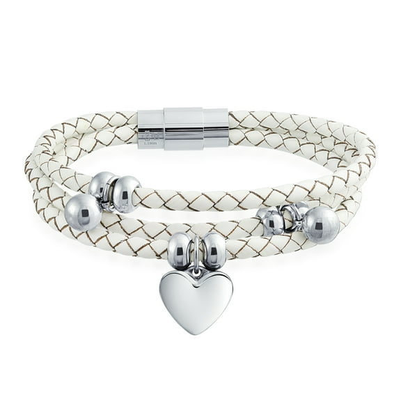 Bling Jewelry Womens White Heart Charm Multi-Strand Bracelet Stainless Steel Layering