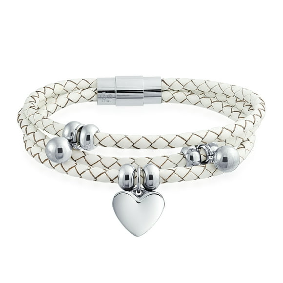Pendentif Coeur Charmes Blanc Triple Brin Tressé Bracelet en Cuir pour les Femmes pour Petite Amie en Acier Inoxydable